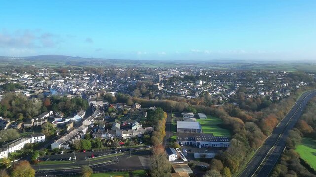 Liskeard, Cornwall, England: DRONE VIEWS: The town of Liskeard including the A38 bypass dual carriageway which skirts to the south of Liskeard. Liskeard is an ancient stannary and market town.