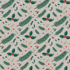 Merry Christmas Seamless Pattern. Botanical Foliage Festive Ornament Illustration. Green Pine Branches Holly Leaves Berries Vector. Fabric Textile Wallpaper Wrapping.