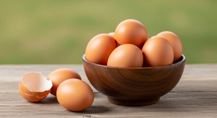 Bowl of Fresh Eggs: A rustic wooden bowl filled with fresh, brown eggs sits gracefully on a weathered wooden surface. One broken eggshell adds to the image's charm and authenticity.