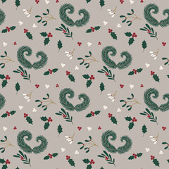 Christmas Botanical Seamless Pattern. Winter Foliage Red Berries Illustration. Festive Pine Holly Mistletoe Vector Art Print. Fabric Textile Design. Wallpaper Wrapping Paper.