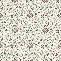Christmas Seamless Pattern. Botanical Greenery Winter Foliage. Pine Holly Berries Mistletoe Design Vector. Texture Wallpaper Fabric Textile Print Seasonal Decor.