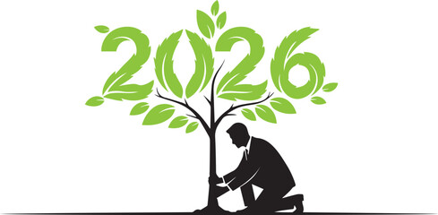 Silhouette of businessman kneeling planting a tree with leaves forming the numbers 2026 year new year