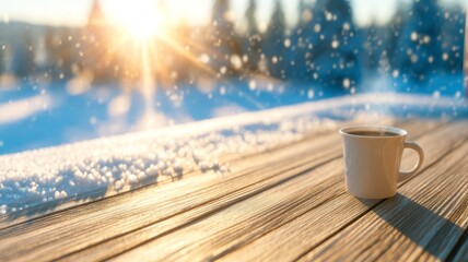 Hot coffee cup on wooden table in snowy winter morning sunlight, cozy outdoor relaxation and seasonal mood