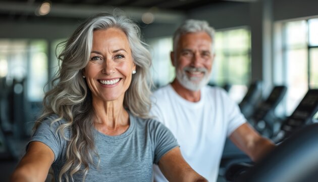 Fit senior couple smiles while exercising together on treadmills in a modern gym. Active elderly people maintain healthy lifestyle. They enjoy cardio workout routine. Their vitality shows.