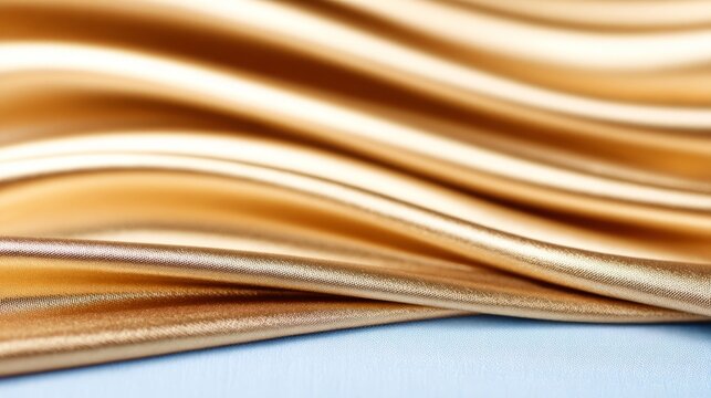 Close-up of elegant golden silk fabric with soft folds, luxury texture background for design and fashion