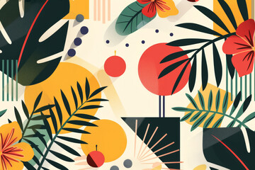 Colorful abstract tropical leaves with geometric patterns