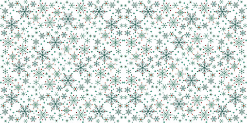 White green ornamental seamless pattern of snowflakes. Winter seasonal snowfall background. Snowflakes with six rays. Christmas decor classic colors