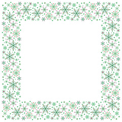 Christmas square frame of bright green snowflakes. White green pattern of snowflakes. Winter seasonal snowfall background. Classic Christmas decor