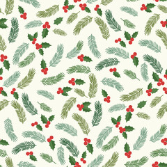 Holiday Botanical Foliage Seamless Pattern. Christmas Illustration Green Pine Branches. Holly Red Berries Vector. Perfect Fabric Textile Wallpaper Wrapping Paper Design.