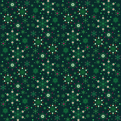 Dark seamless pattern of bright green snowflakes. Winter seasonal snowfall background. Snowflakes with six rays. Christmas decor in classic colors