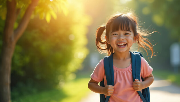 Joyful asian girl with backpack runs towards school. Young student smiles, excited for learning and new friendships. Childhood happiness outdoor, sunny day.