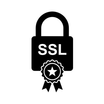 Black padlock with ssl text and a star award hanging below it in a white background security icon icon
