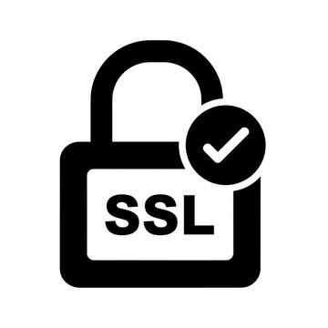 Illustration of a secure padlock with ssl text and a check mark indicating verification is complete icon