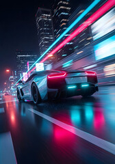 Silver sports car with blue neon lights speeding in city