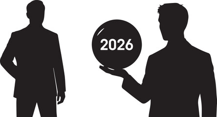 Two black silhouette business men one holding a black circle with white text 2026 businessman