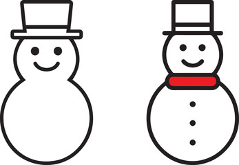Two simple outline snowmen with black hats one with a red scarf and black buttons snowman winter