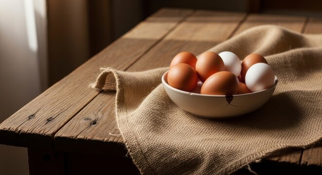 Rustic Breakfast Still Life: A sunlit rustic table setting with a collection of fresh eggs arranged in a charming bowl, hinting at the simple pleasures of a hearty breakfast.