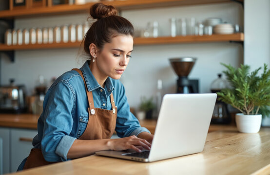 Female entrepreneur works on laptop in cafe. Woman uses computer, wears apron at counter. Owner checks orders. Start up worker works at workplace. Small business in coffee shop succeeds.