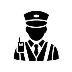 Obraz premium Illustration of a security guard in uniform holding a walkie talkie with a serious expression on face icon