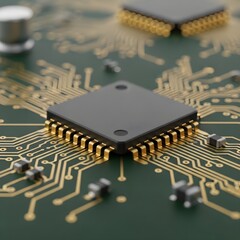Close-up of a microcontroller (MCU) on a green PCB with gold traces and components