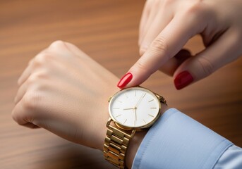 Closeup of a woman checking the time on her gold wristwatch a stylish accessory for staying punctual and on schedule