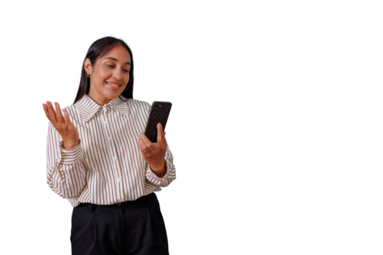 Woman smiling and waving hand during a video call on smartphone, communicating, happy remotely with transparent background