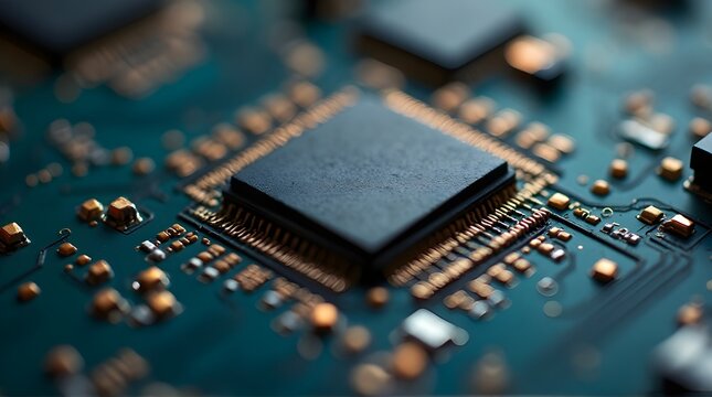 Macro photograph of a complex electronic circuit board with a central microchip and SMD components