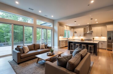 Fototapeta premium Spacious open concept living room and kitchen with large windows overlooking trees. Modern furniture and stainless steel appliances create an upscale, inviting home atmosphere. Hardwood floors gleam.