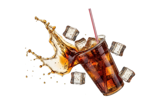 Soda Cup with Ice Cubes and Cola Splash Flying Midair, Dynamic Composition