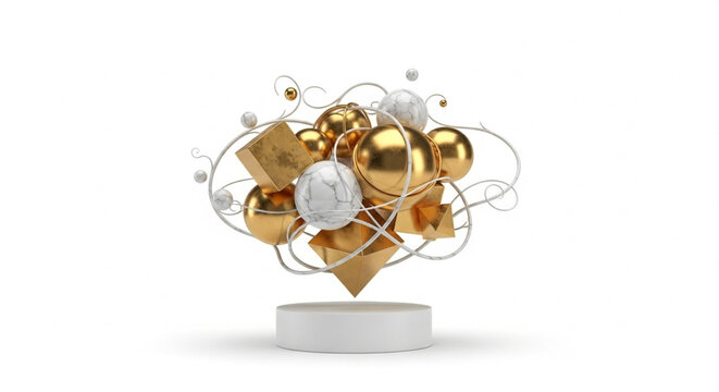 Abstract golden and white geometric shapes and balloons floating above a pedestal