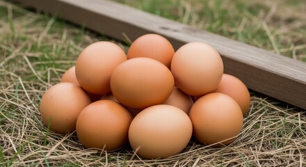 Eggs on display: A collection of fresh, brown eggs rests gracefully in a bed of hay, evoking feelings of a farm, with a weathered wooden element in a natural, rustic setting. 