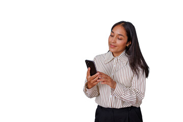 Fototapeta premium Young woman smiling and engaging with her smartphone, scrolling content or messaging, connecting digitally on a transparent background