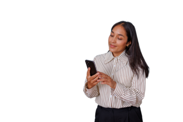 Young woman smiling and engaging with her smartphone, scrolling content or messaging, connecting digitally on a transparent background
