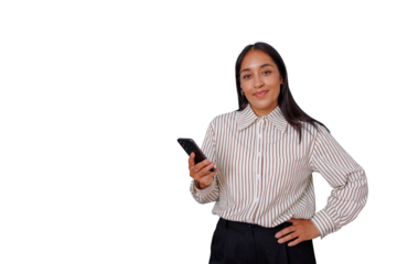 Young businesswoman holding phone and smiling, expressing confidence while managing communication