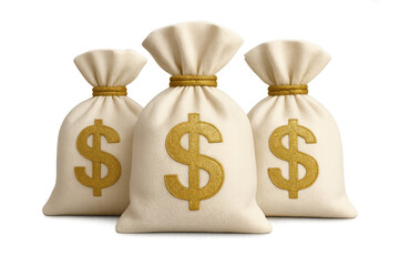 Three canvas sacks with gold dollar symbols illustrating concepts of banking, earnings, savings, business, and economic growth
