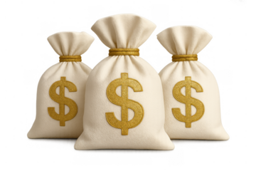 Three canvas sacks with gold dollar symbols illustrating concepts of banking, earnings, savings, business, and economic growth