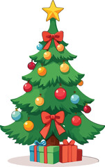 Cartoon vector illustration of Santa Claus and decorated Christmas tree with presents isolated on white
