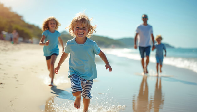 Happy children run on wet sand near ocean waves during summer vacation. Smiling boy and girl race at seaside with parents walking behind. Fun family beach trip on sunny day.