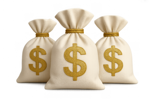 Three canvas sacks with gold dollar symbols illustrating concepts of banking, earnings, savings, business, and economic growth