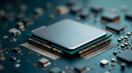 Close-up Macro of a Modern Computer CPU Processor on a Printed Circuit Board (PCB)