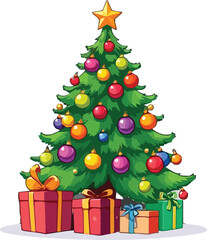 Cartoon vector illustration of Santa Claus and decorated Christmas tree with presents isolated on white
