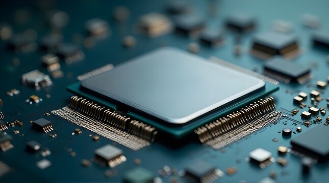 Close-up Macro of a Modern Computer CPU Processor on a Printed Circuit Board (PCB)