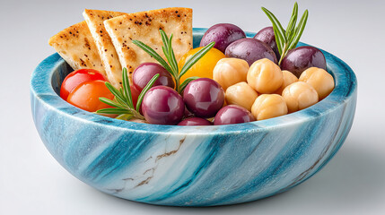 mediterranean bowl, pita chips, roasted veggies, chickpea mash, marble ceramic bowl 
