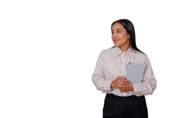 Businesswoman holding tablet computer, looking away and smiling, preparing for meeting or presentation, transparent background