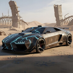Futuristic car with electric lightning design in desert
