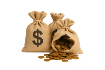Money bags with dollar sign and gold coins spilling out, representing finance, savings, profit, and wealth on transparent background