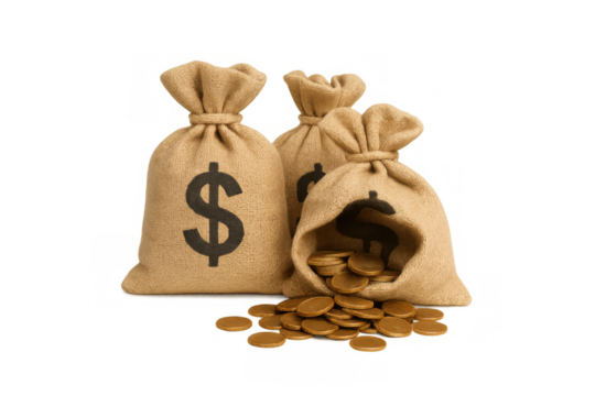 Money bags with dollar sign and gold coins spilling out, representing finance, savings, profit, and wealth on transparent background