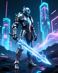 Fototapeta premium Futuristic Sci-Fi Knight in Glowing Silver Armor Holding an Electric Sword in a Neon Cyberpunk City, Digital Art