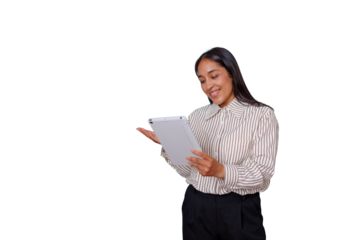 Professional businesswoman smiling while holding tablet, pointing with hand presenting digital content, white background
