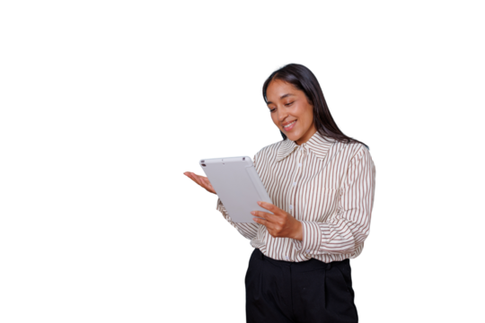 Professional businesswoman smiling while holding tablet, pointing with hand presenting digital content, white background
